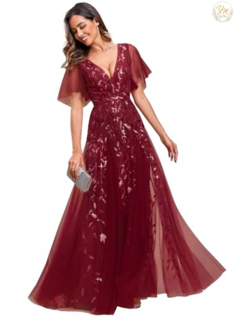 Sequin Formal Dress V-Neck Floor Length Evening Gown Sparkly Short Sleeve